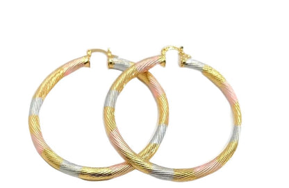 Tri-Tone Hoop Earrings, 2.32 Inch Textured Twisted Design, 18k Gold Filled Plated, Painted Rose Gold Yellow Gold Silver Tone