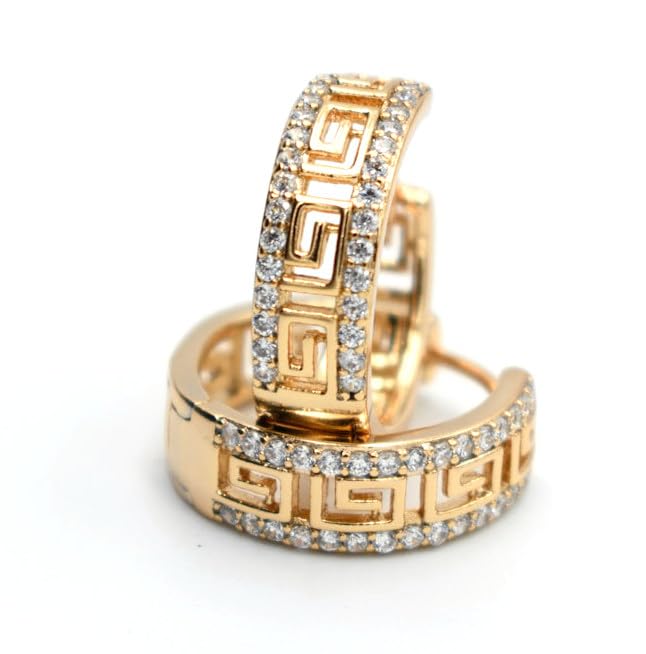 0.75 Inch Greek Key Yellow Gold Filled Plated Hoop Earrings, Simulated White Diamond CZ Cubic Zirconia Accents