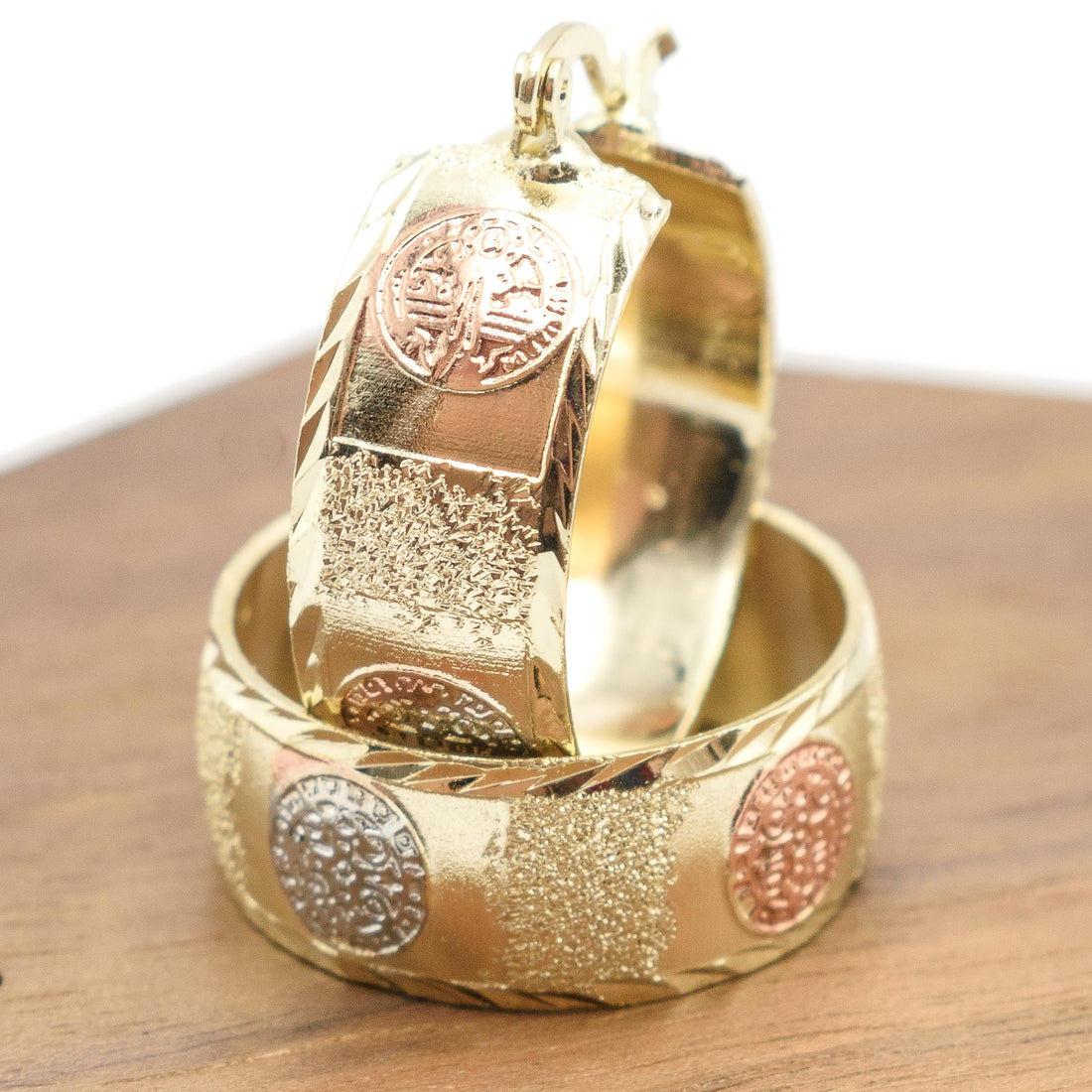 Saint Benedict Cross Tri-Tone Hoop Earrings, Rose Gold Yellow Gold Silver Tone, 1 Inch Round Circle, Sparkly Glitter Statement, Gold Plated