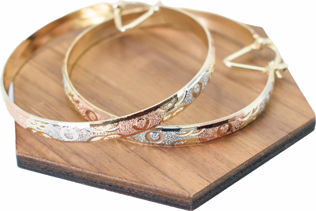 2.12 Circle and Swirl Design Tri-Tone Rose Gold, Yellow Golden, & Silver Tone Sparkly Glitter Hoop Earrings, Gold Plated