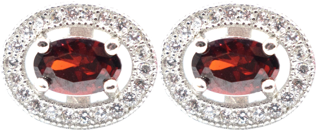 Sterling Silver Oval Red Ruby CZ Halo Stud Earrings, 0.40 Inch, Simulated Gemstone