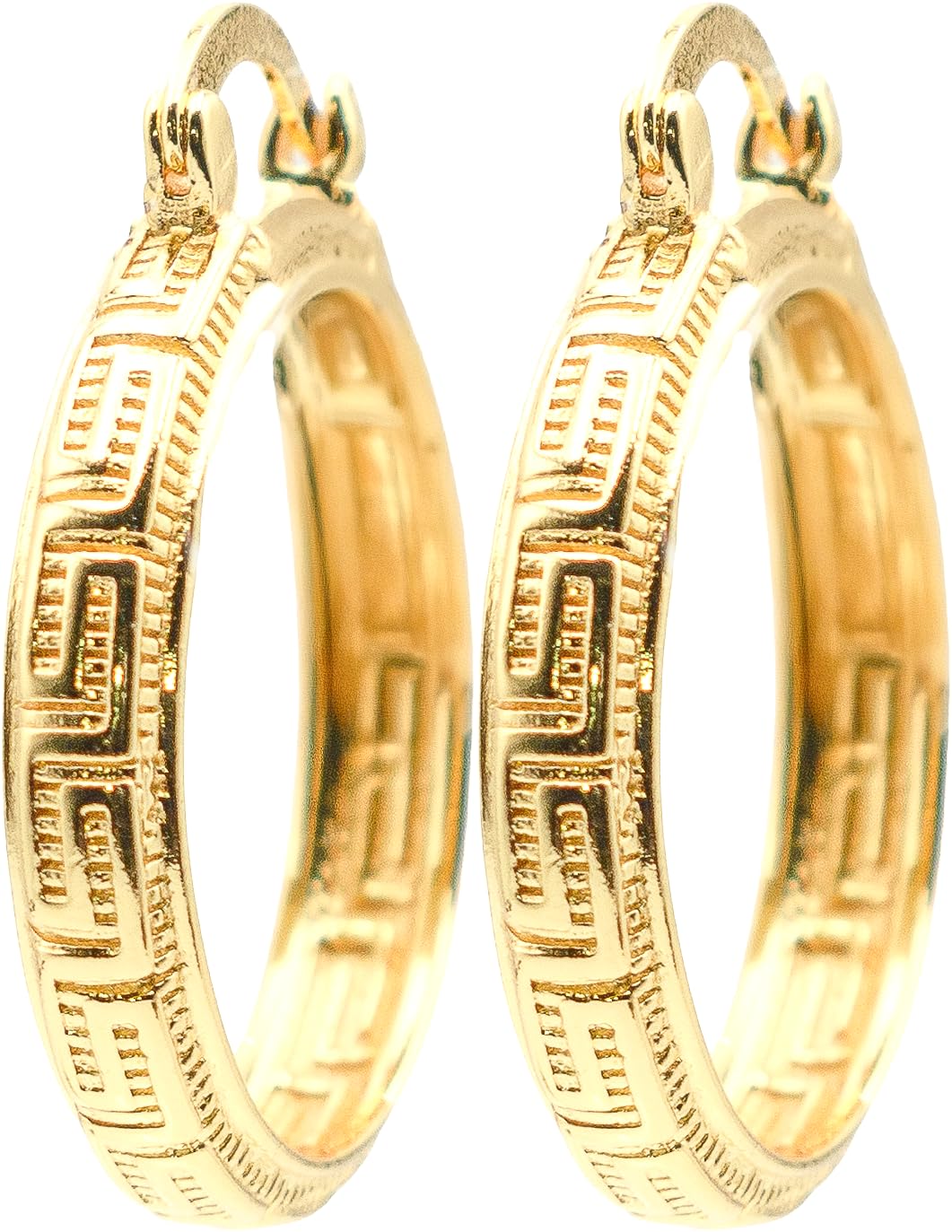 1 Inch Greek Key Yellow Gold Plated Hoop Earrings