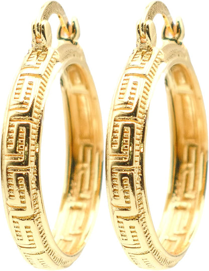 1 Inch Greek Key Yellow Gold Plated Hoop Earrings