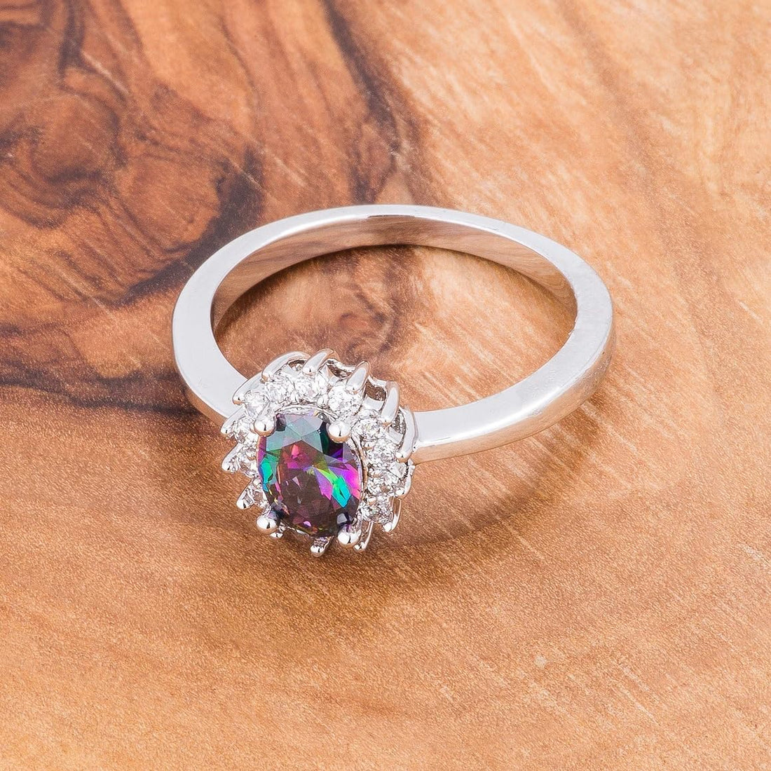 Beautiful Oval Created Mystic Rainbow Topaz & Halo Side Accents Cubic Zirconia Cubic Zirconia CZ Engagement Ring, Size 5