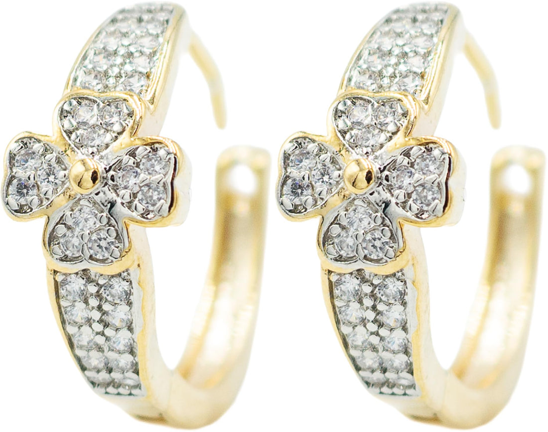 0.70" Inch Shamrock Flower Christian Cross Hoop Earring for Women, Micropave Cubic Zirconia CZ Accents, 18k Yellow Gold Filled Plated, Snap Back Closures