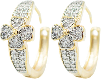 0.70" Inch Shamrock Flower Christian Cross Hoop Earring for Women, Micropave Cubic Zirconia CZ Accents, 18k Yellow Gold Filled Plated, Snap Back Closures