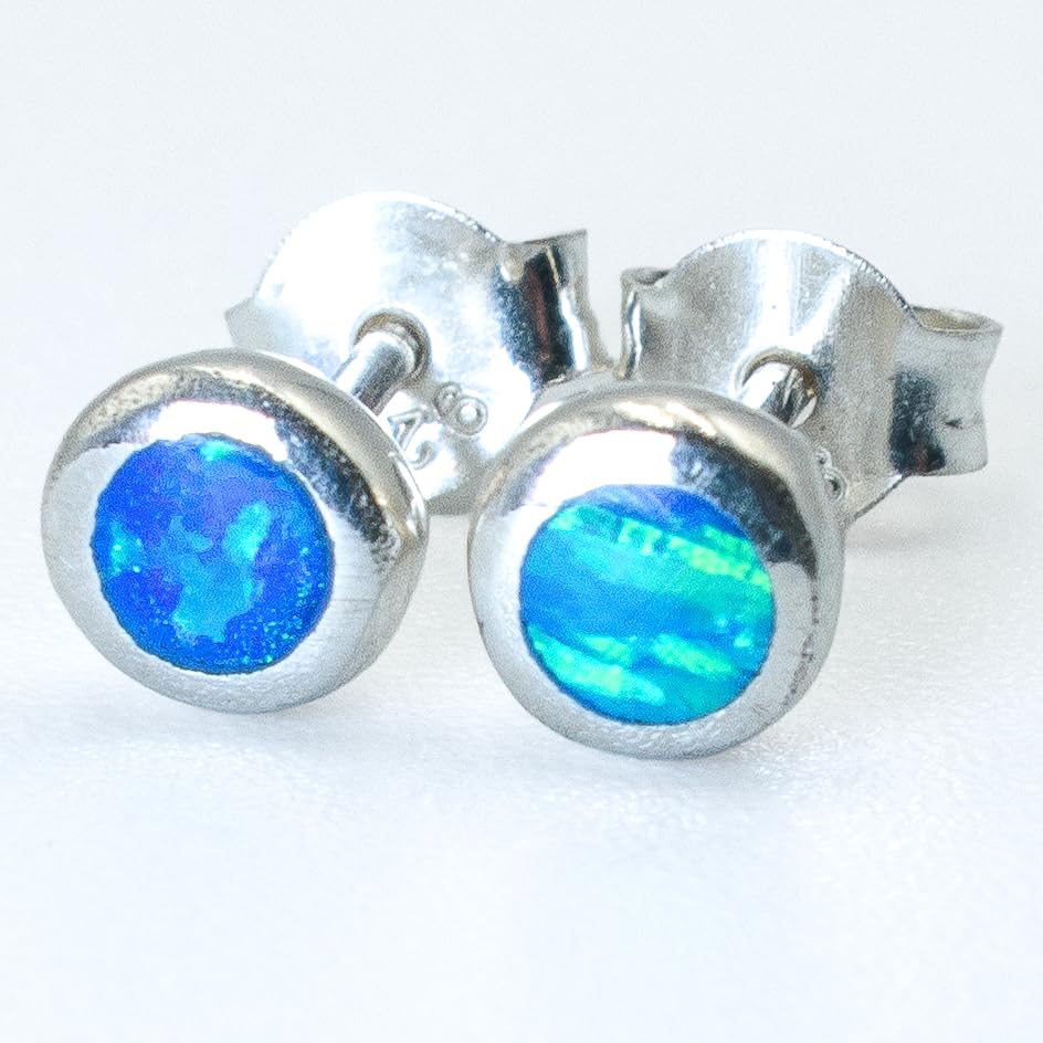 5.5mm Round Bezel Set Blue Opal Stud Earrings, 925 Sterling Silver