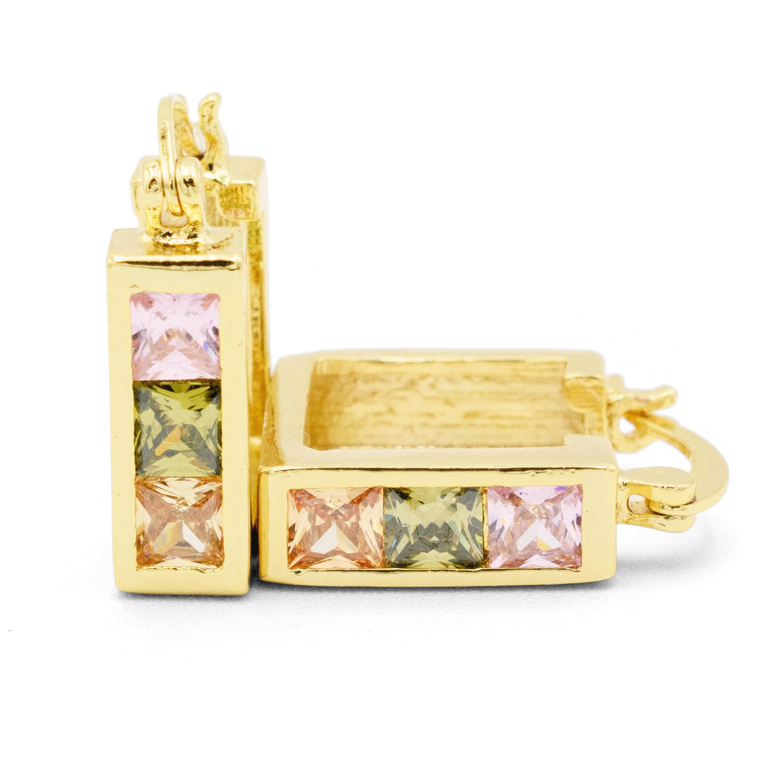 0.62 Inch Multicolored Pink, Green & Yellow CZ Cubic Zirconia Stones, Square Huggie Hoop Earring for Women, 18k Yellow Gold Filled Plated