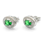 Sterling Silver Oval Green Emerald CZ Stud Earrings, Halo Design, 0.40 Inch, Simulated Gemstone