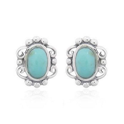 Pure Ziva Sterling Silver Turquoise Oval Stud Earrings, Vintage Filigree Design, 0.35 Inch