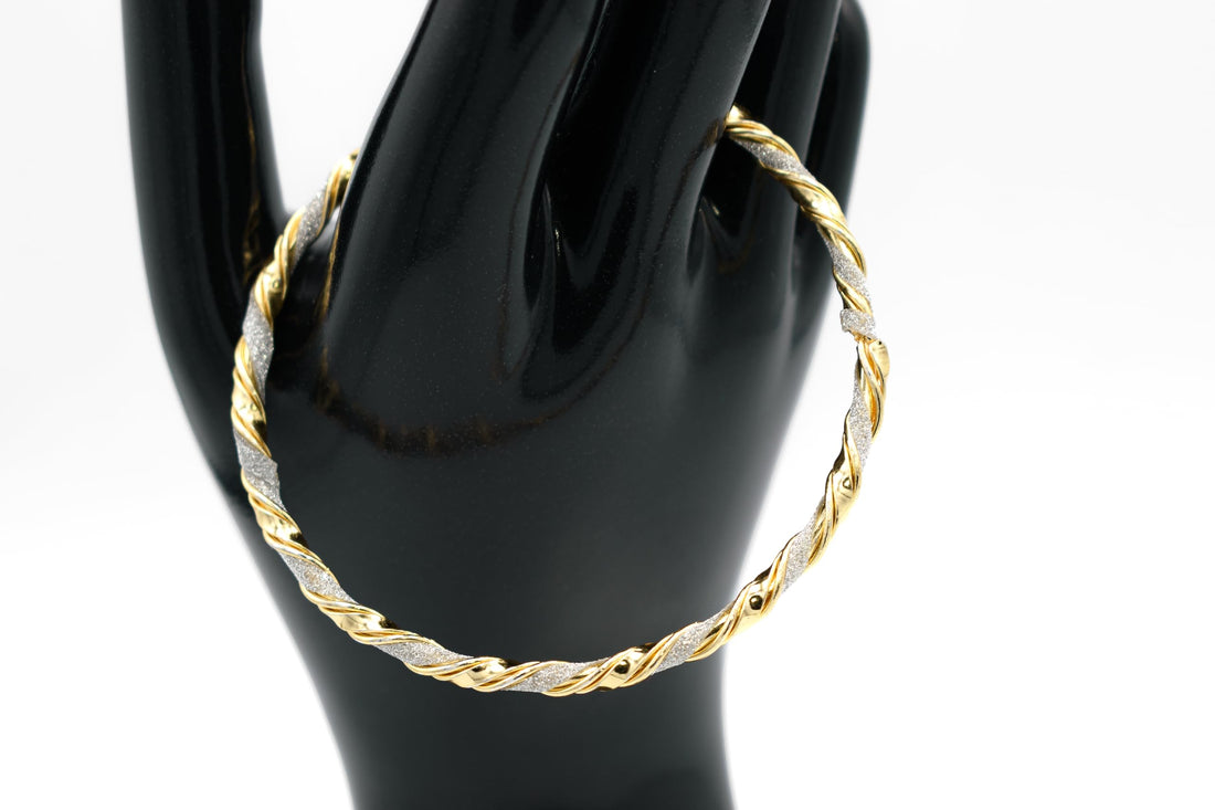 Beautiful Mixed Texture Twisting and Sparkling Bangle Cuff Bracelet, Two Tone Yellow Gold Filled & Silver, 2.5" Inch Diameter
