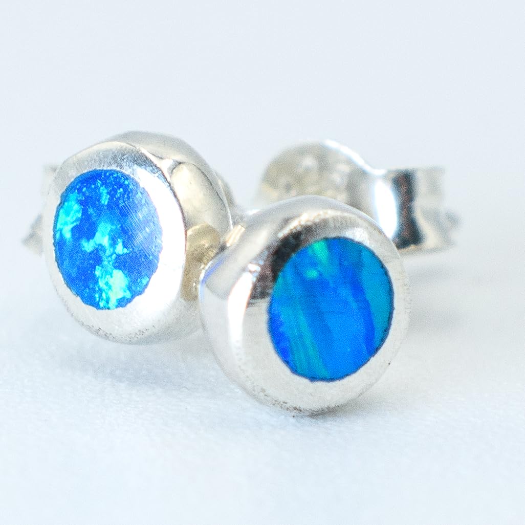5.5mm Round Bezel Set Blue Opal Stud Earrings, 925 Sterling Silver